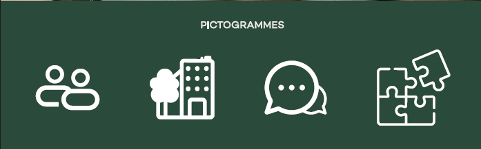 Pictogrammes du site : personnes, immeuble, dialogue et puzzle